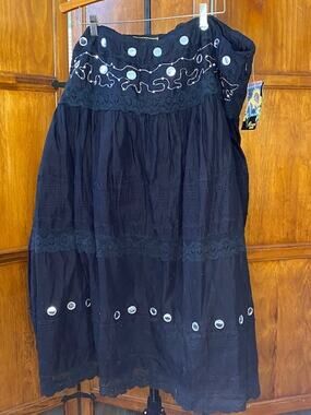 Mirasol Woman 3X Black Cotton Boho Maxi Skirt Mirror Embroidered Lace NWT